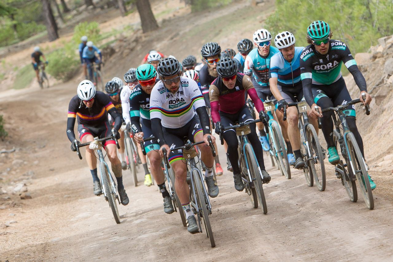 Peter Sagan at the front of a lead group during the Sagan Fonodo