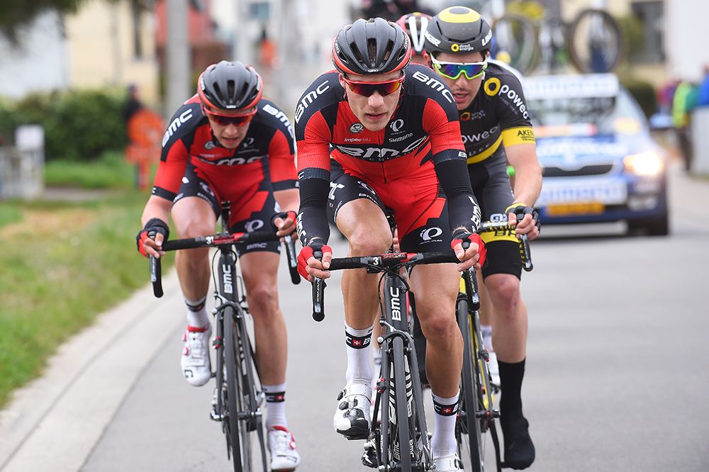 Loic Vliegen, Dylan Teuns (BMC) and Angelo Tulik (Direct Energie)