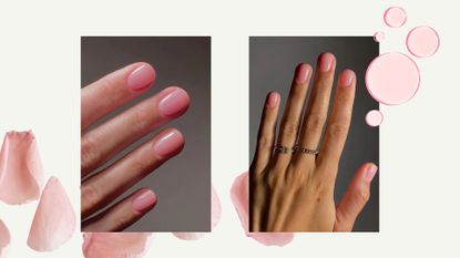 Two close-up pictures of hands with sheer, tinted 'rose water'-style nails, both created by nail artist and Digital content creator Mateja Novakovic (@matejanova)/ featured in a cream template with pink rose petals and sheer pink nail polish drops.
