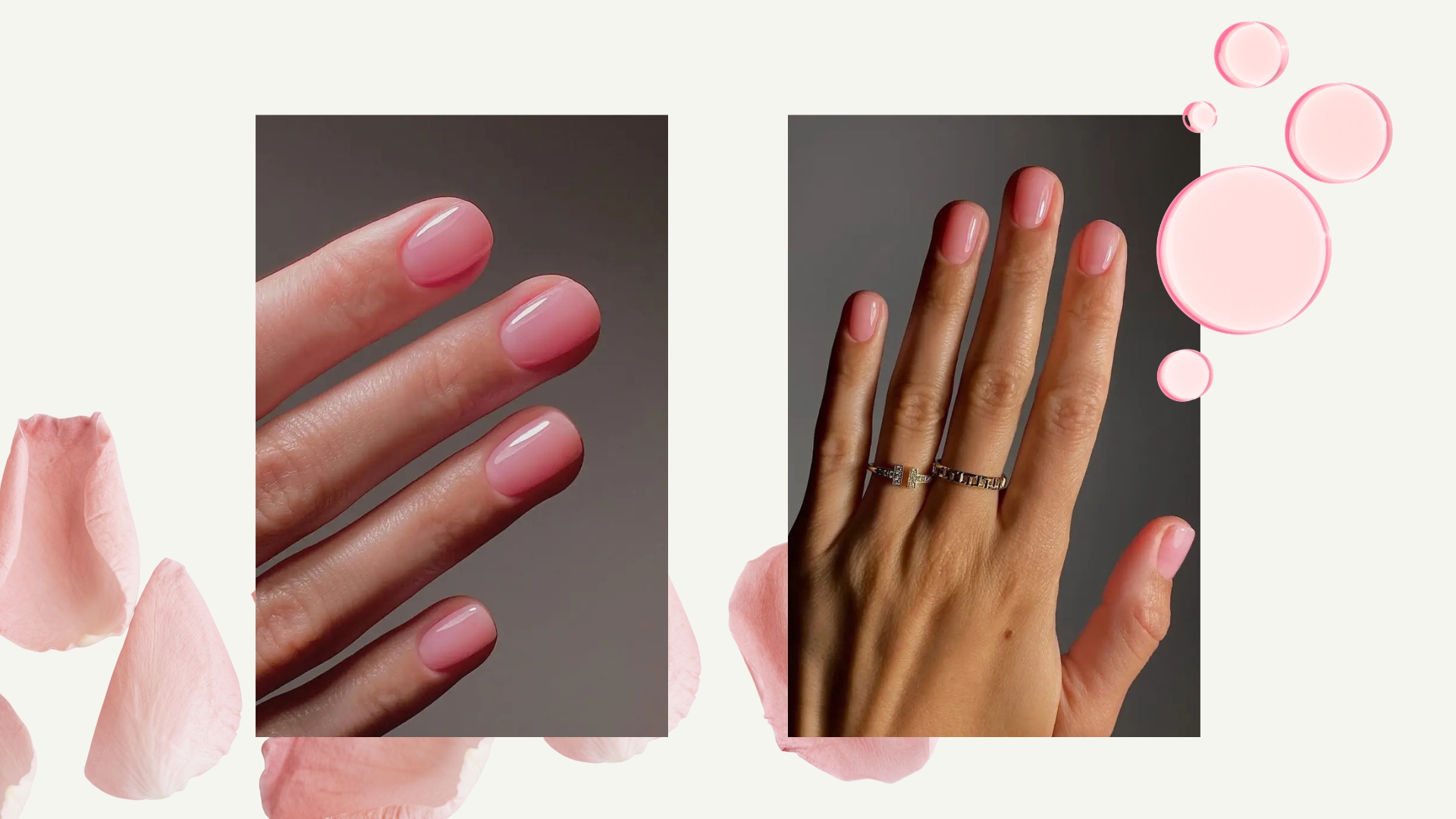 Two close-up pictures of hands with sheer, tinted 'rose water'-style nails, both created by nail artist and Digital content creator Mateja Novakovic (@matejanova)/ featured in a cream template with pink rose petals and sheer pink nail polish drops.