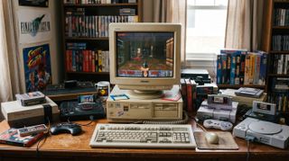 A retro gaming setup with a vintage CRT monitor displaying a video game. Surrounded by game consoles, cartridges, controllers, and shelves of game boxes. Nostalgic atmosphere.