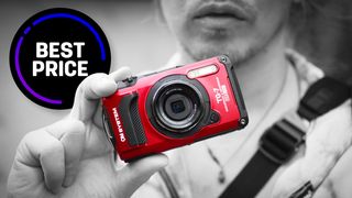 Photographer holding the OM System Tough TG-7, with the text "Best price"