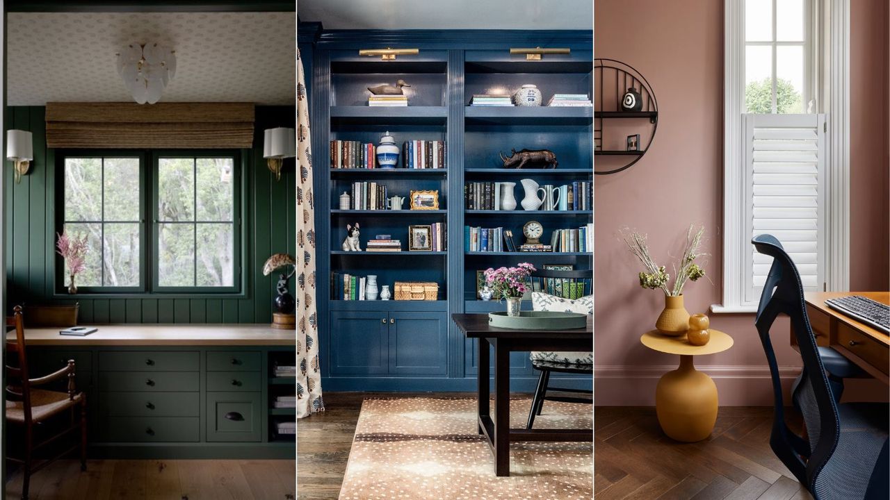 dark green home office, dark blue home office, earthy pink home office