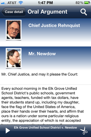 Screenshot from a mobile device showing an argument retrieved from The Oyez Project. 