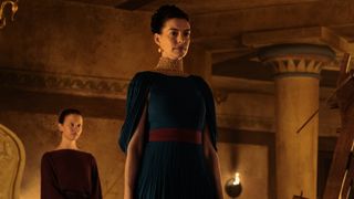 Penelope (Anne Hathaway) looks upon all of her suitors in The Odyssey.