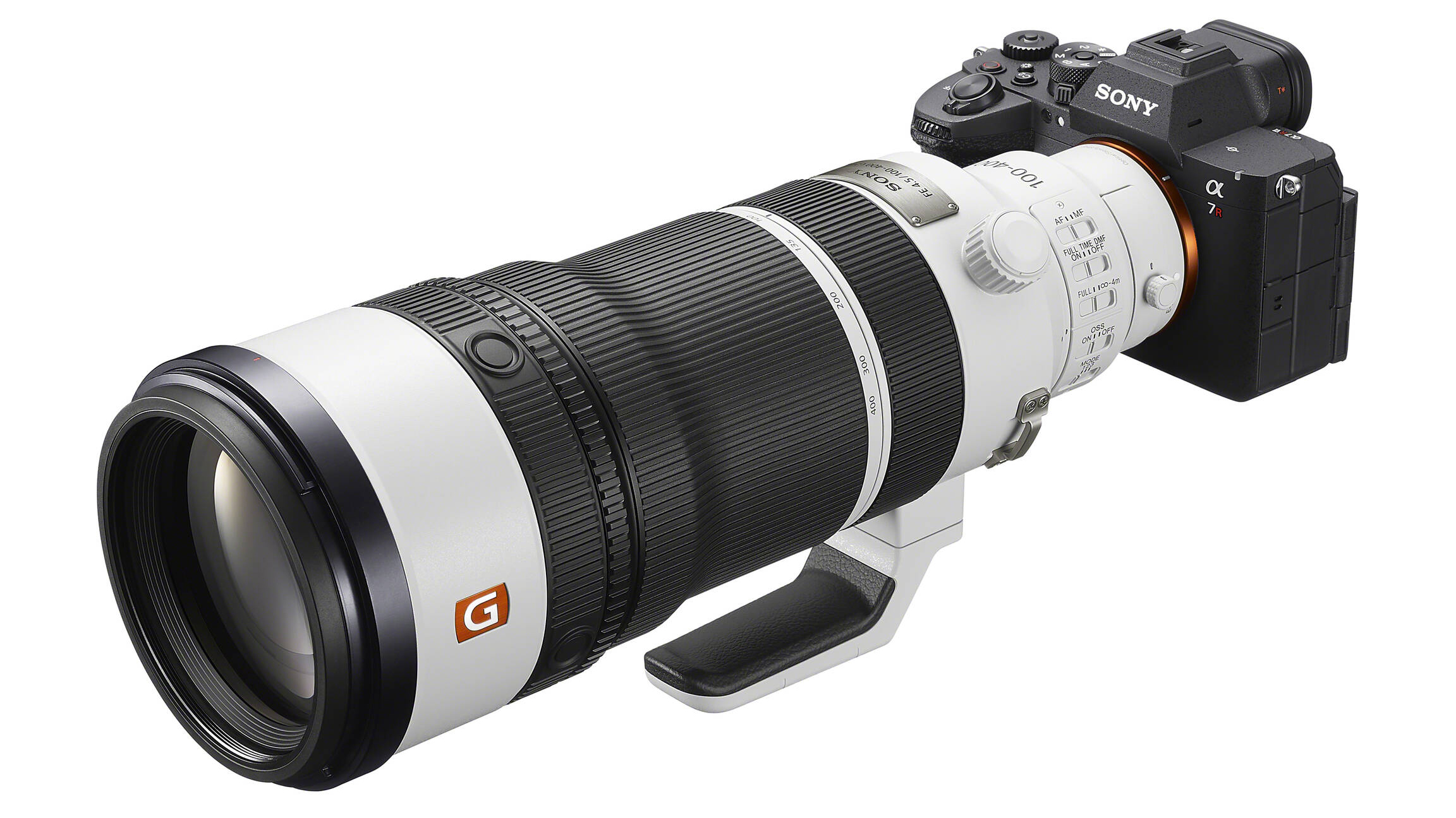 Sony FE 100-400mm f/4.5 GM OSS against a white background