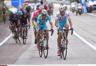 Fabio Aru and Mikel Landa (Astana) go on the attack on the stage 8 final climb