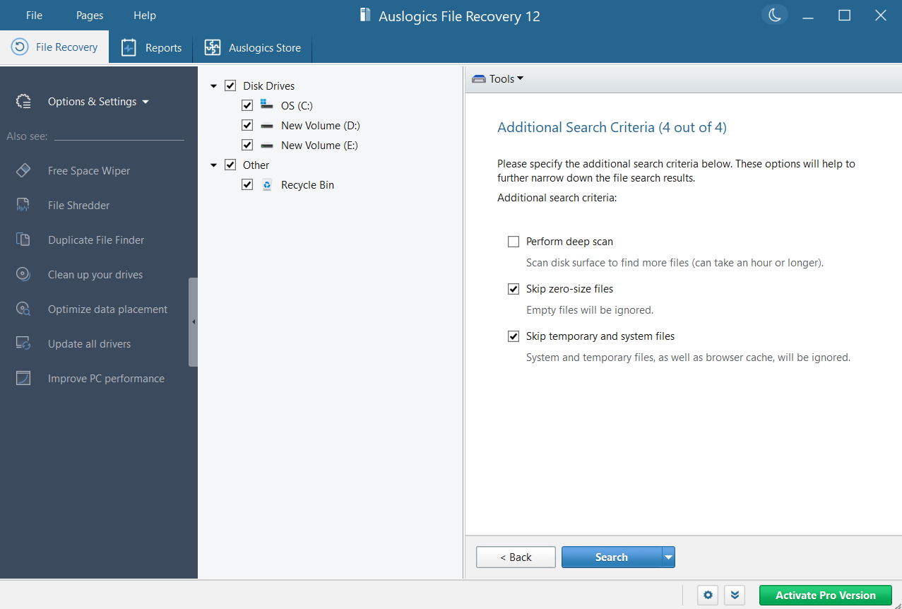Auslogics additional search criteria