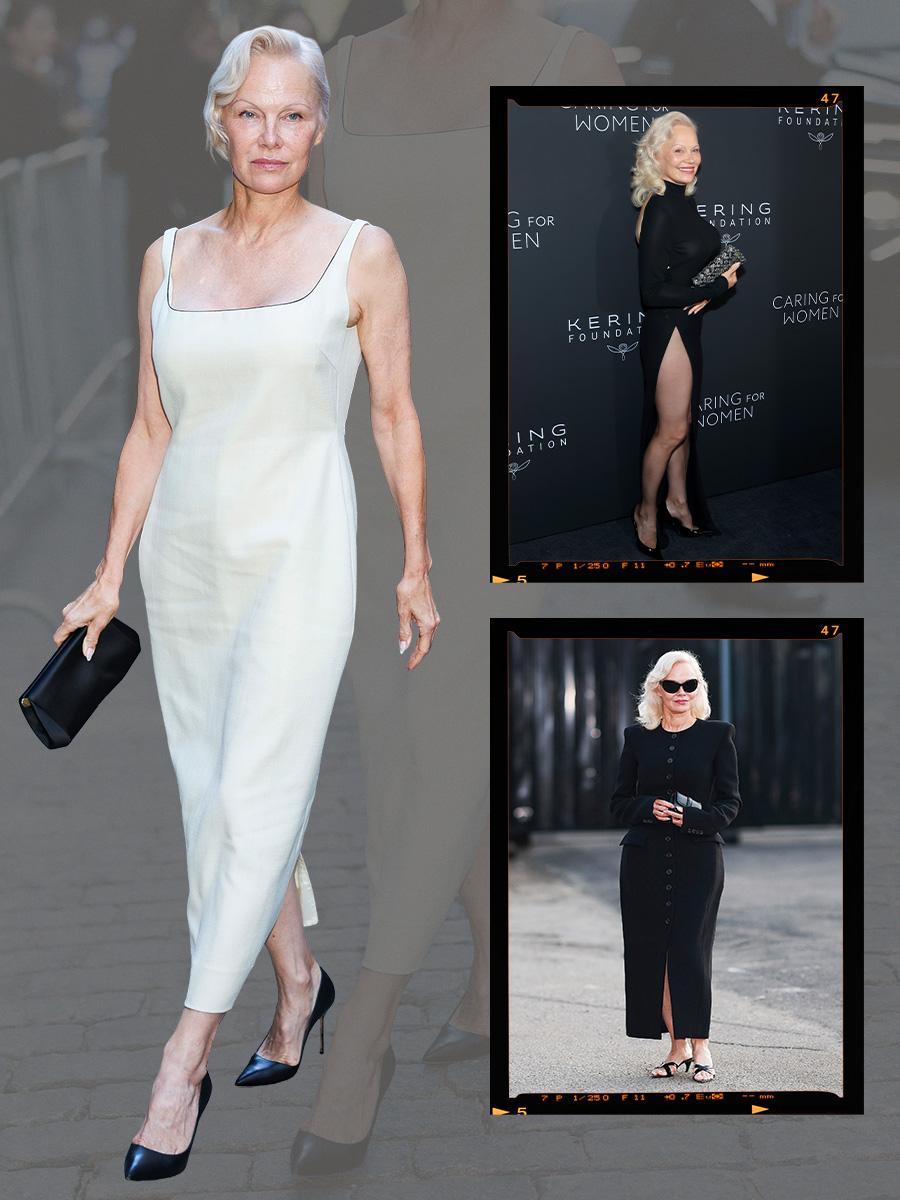 A collage of photos of Pamela Anderson from red carpets and events in September 2026.