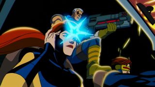 Jean Grey, Cable and Cyclops driving into battle in X-Men '97