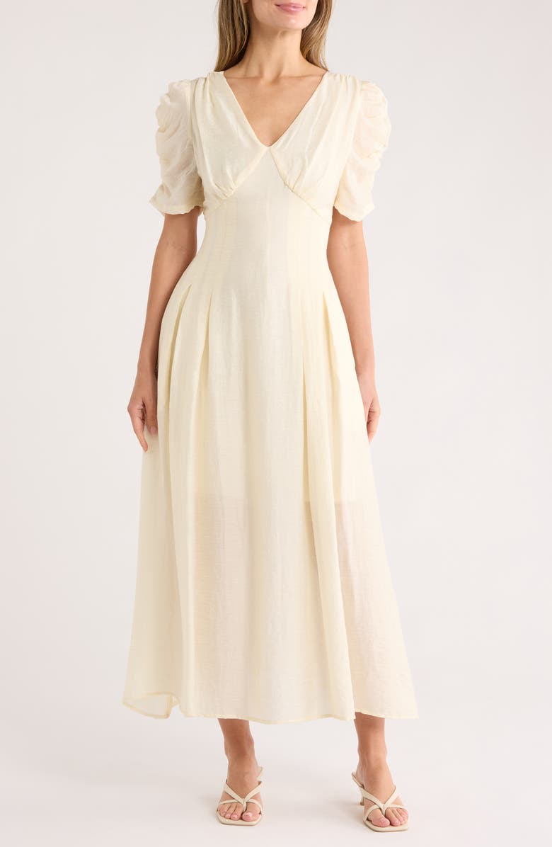 Ruched Sleeve V-Neck Midi Dress