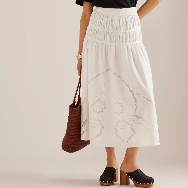 By Anthropologie Broderie Midi Skirt on model 