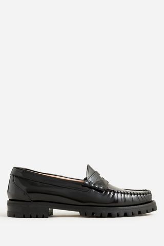 J.Crew black Winona Lug-Sole Penny Loafers on white background