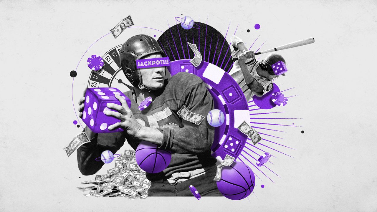 Photo montage of football and baseball players surrounded by gambling icons such as dice and betting chips