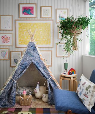 kids playroom bedroom by jessica jubelirer with a fort and gallery wall of kids art