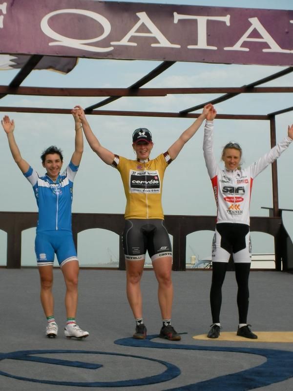 The final podium at the Ladies Tour of Qatar: Giorgia Bronzini (Italy), Kirsten Wild (Cervelo) and Rasa Leleivyte (Safi Pasta)