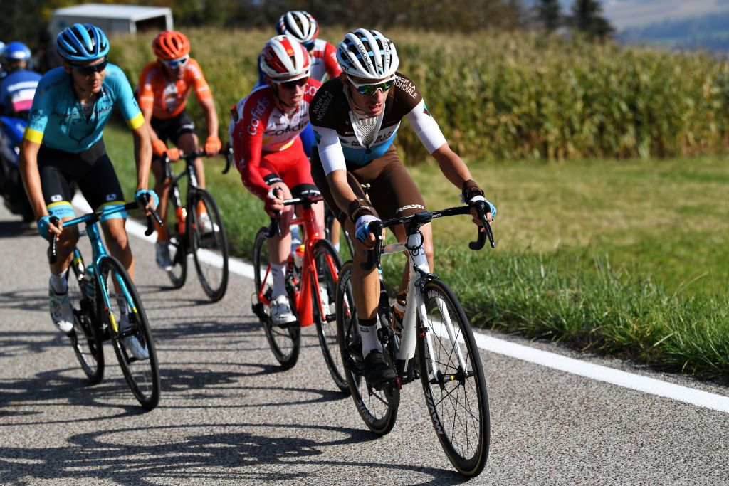 MADONNA DI CAMPIGLIO ITALY OCTOBER 21 Oscar Rodriguez Garaikoetxea of Spain and Astana Pro Team Jesper Hansen of Denmark and Team Cofidis Solutions Credits Geoffrey Bouchard of France and Team Ag2R La Mondiale Breakaway during the 103rd Giro dItalia 2020 Stage 17 a 203km stage from Bassano del Grappa to Madonna di Campiglio 1514m girodiitalia Giro on October 21 2020 in Madonna di Campiglio Italy Photo by Tim de WaeleGetty Images