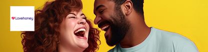 Love Honey logo placed over an AI generated image of a couple laughing with a yellow background