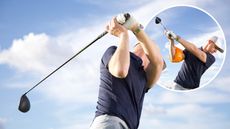 Ged Walters demonstrating the common trail arm mistake that prevents many amateur golfers from getting a straight lead arm in the golf swing, with the trail arm folding and the wrist angle lost at the top of the backswing which ultimately causes the lead arm to bend, and an inset image of Ged Walters demonstrating his armband drill to promote effective folding of the trail arm