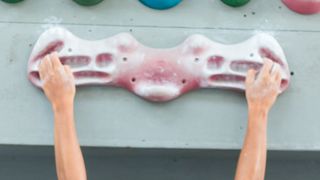 Close up of a woman's hands hanging from a hangboard