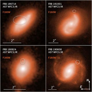 Astronomers using the Hubble Space Telescope tracked four fast radio bursts to the spiral arms of the four distant galaxies. The bursts are catalogued as FRB 190714 (top left), FRB 191001 (top right), FRB 180924 (bottom left) and FRB 190608 (bottom right).
