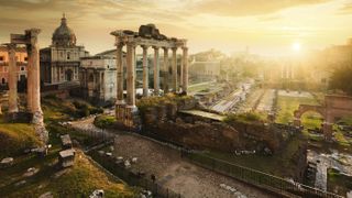 Here, the Roman Forum at sunrise, revealing (from left to right): the Temple of Vespasian and Titus, the church of Santi Luca e Martina, Septimius Severus Arch and the ruins of the Temple of Saturn.