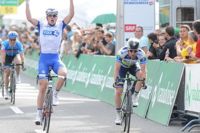 Arnaud Demare (FDJ) celebrates victory in stage 4 at the Tour de Suisse