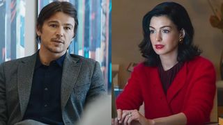 Josh Hartnett is shown as Jeremy Crawford in Verity, wearing a gray suit and navy blue shirt. Anne Hathaway is shown as Verity Crawford, wearing a red top, working on her computer.