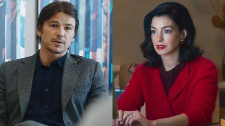 Josh Hartnett is shown as Jeremy Crawford in Verity, wearing a gray suit and navy blue shirt. Anne Hathaway is shown as Verity Crawford, wearing a red top, working on her computer. 