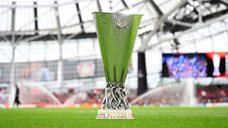 A detailed view of the UEFA Europa League Trophy is seen on the pitch prior to the UEFA Europa League 2023/24 final match between Atalanta BC and Bayer 04 Leverkusen at Dublin Arena on May 22, 2024 in Dublin, Ireland.