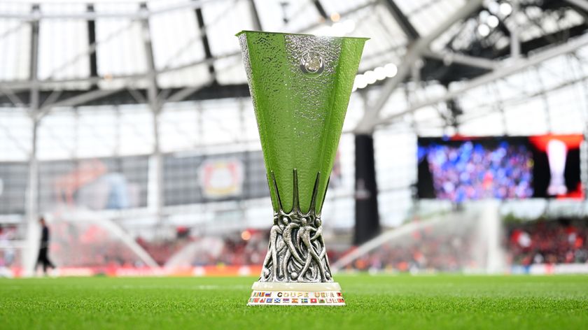 A detailed view of the UEFA Europa League Trophy is seen on the pitch prior to the UEFA Europa League 2023/24 final match between Atalanta BC and Bayer 04 Leverkusen at Dublin Arena on May 22, 2024 in Dublin, Ireland.