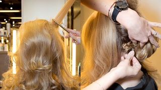 Hairstyle, Beauty salon, Wrist, Watch, Hairdresser, Long hair, Brown hair, Personal grooming, Blond, Hair coloring,