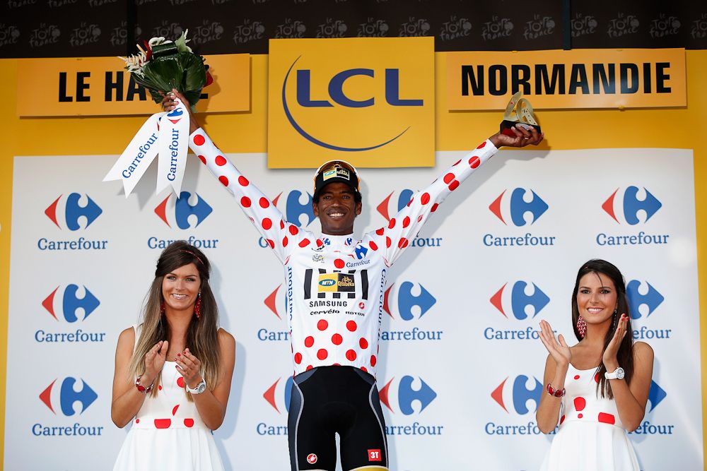 Daniel Teklehaimanot in the polka dot jersey.