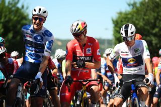 LOUSA PORTUGAL AUGUST 19 LR Stefan Kung of Switzerland and Team GroupamaFDJ Polka dot Mountain Jersey Wout van Aert of Belgium and Team Visma Lease a Bike Red Leader Jersey and Mathias Vacek of Czech Republic and Team Lidl Trek White best young jersey prior to the La Vuelta 79th Tour of Spain 2024 Stage 3 a 1915km stage from Lousa to Castelo Branco UCIWT on August 19 2024 in Lousa Portugal Photo by Dario BelingheriGetty Images