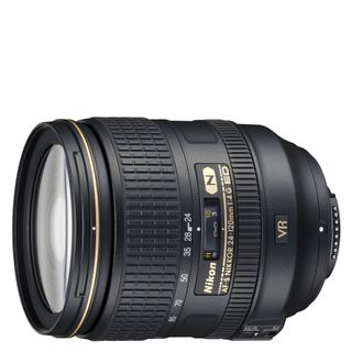 Nikon AF-S 24-120mm f/4G ED VR superzoom lens on plain white background