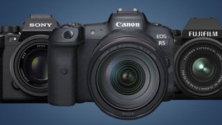 The Canon EOS R5, Sony A7S III and Fujifilm X-S10 cameras on a blue background
