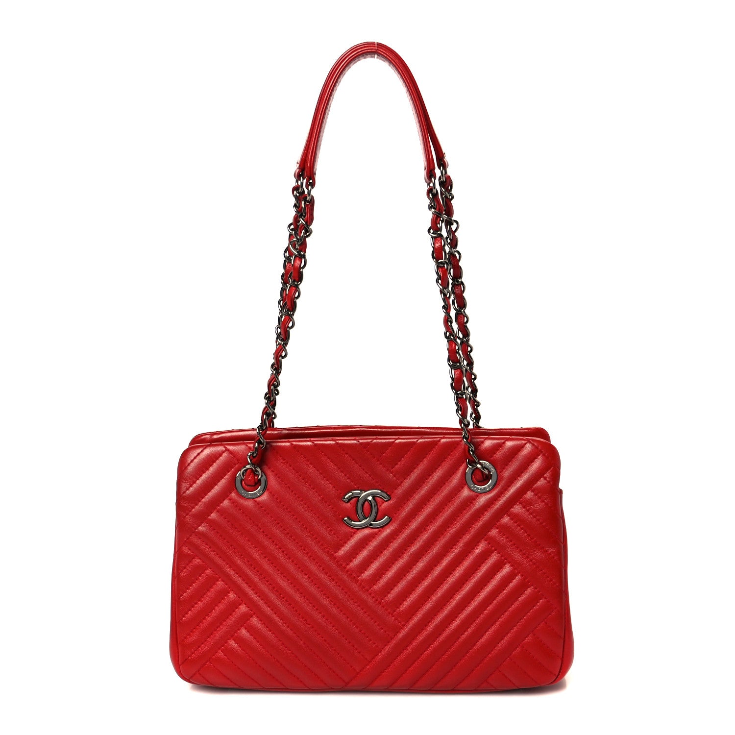 Chanel Lambskin Quilted Cc Crossing Shopping Tote Red