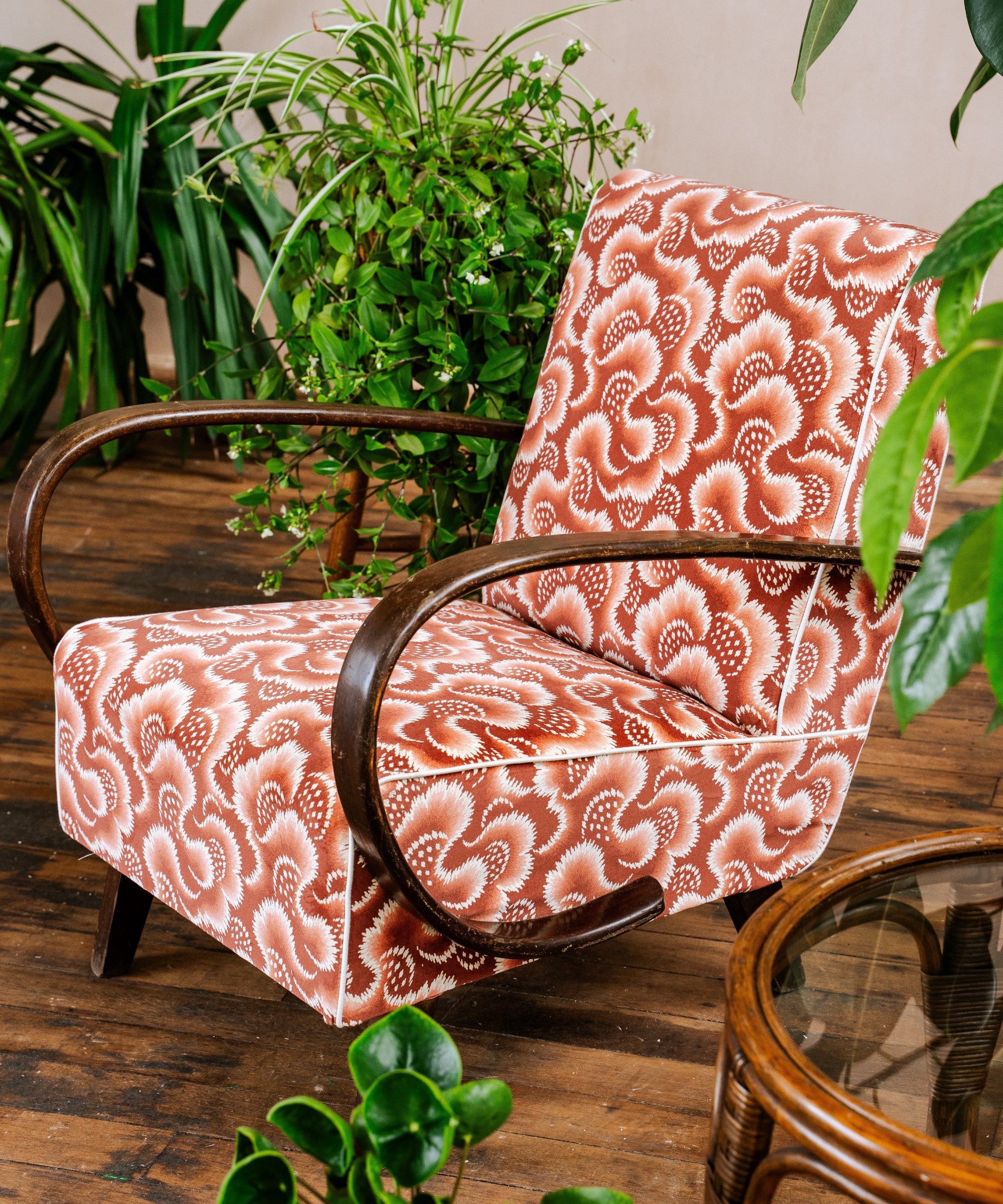 Jindrich Halabala armchair reupholstered in the Ludaix fabric from the Harlequin x Henry Holland range