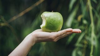 A green apple balances in a person's hand