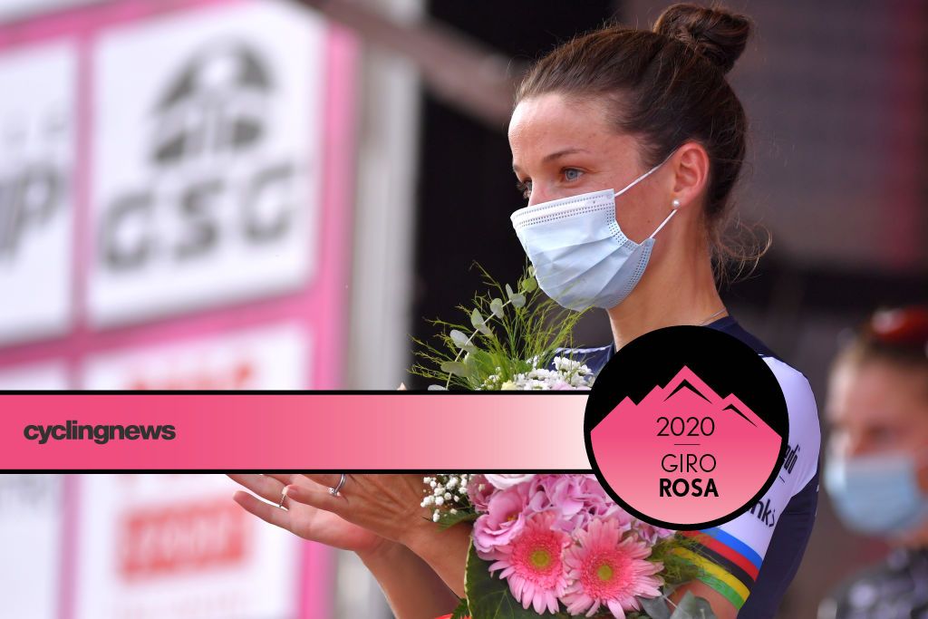 TERRACINA, ITALY - SEPTEMBER 15: Podium / Elisabeth Deignan-Armitstead of The United Kingdom and Team Trek - Segafredo / Celebration / Flowers / during the 31st Giro d&#039;Italia Internazionale Femminile 2020, Stage 5 a 110,3km stage from Terracina to Terracina / @GiroRosaIccrea / #GiroRosa / on September 15, 2020 in Terracina, Italy. (Photo by Luc Claessen/Getty Images)