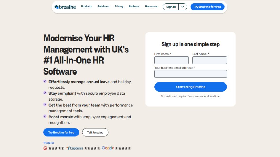 Website screenshot of Breathe HR (February, 2026)