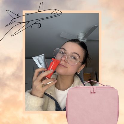 danielle hardman holding travel sized skincare on a sky background