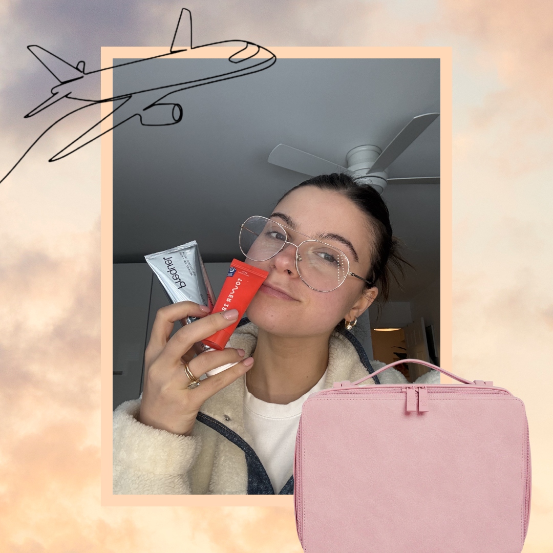 danielle hardman holding travel sized skincare on a sky background