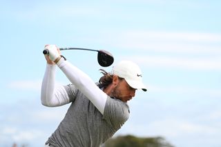 Tommy Fleetwood at the top of his backswing ready to hit a drive