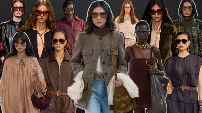a collage of models wearing 70s-inspired sunglasses on the spring and fall 2024 runways