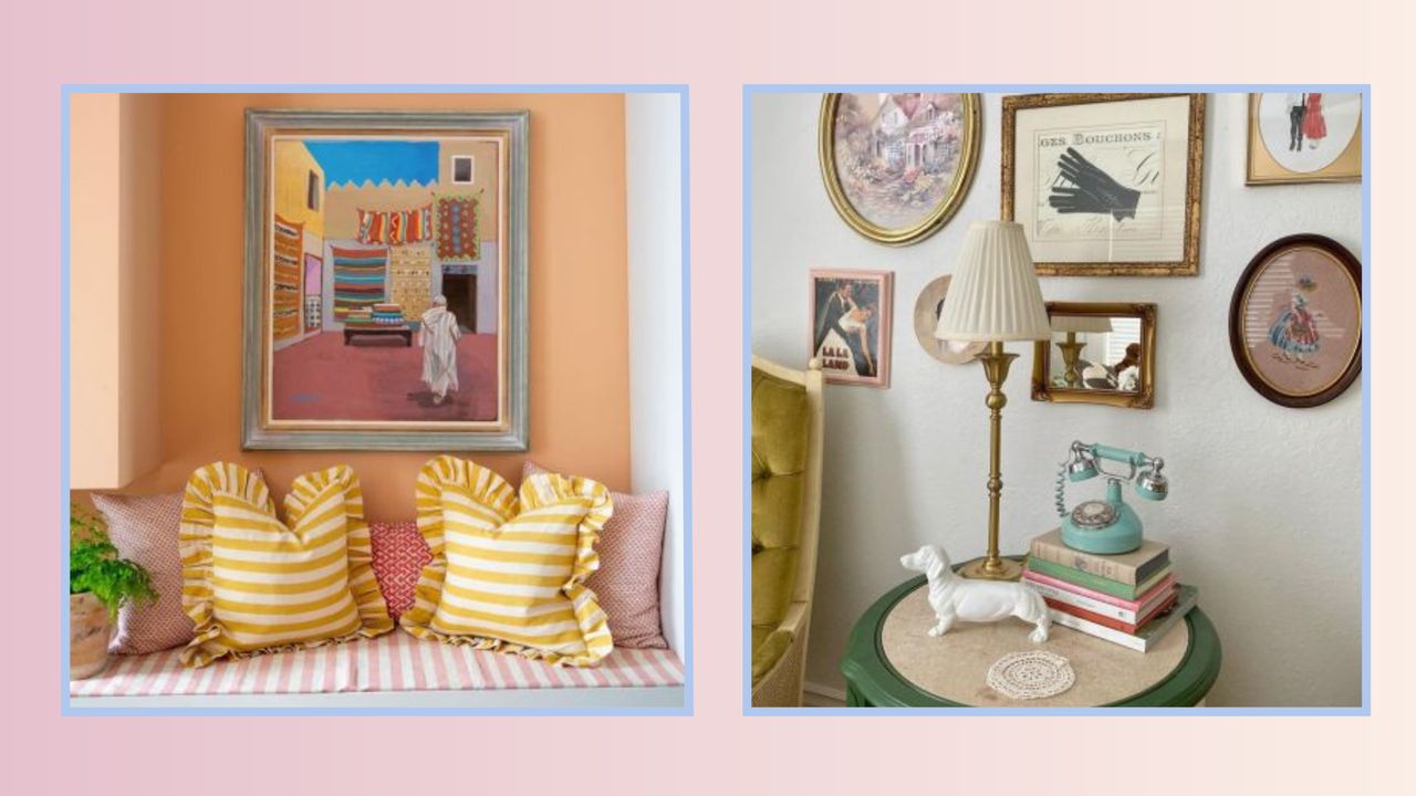 Left image- bench with two yellow cushions, right image- lamp with vintage wall art