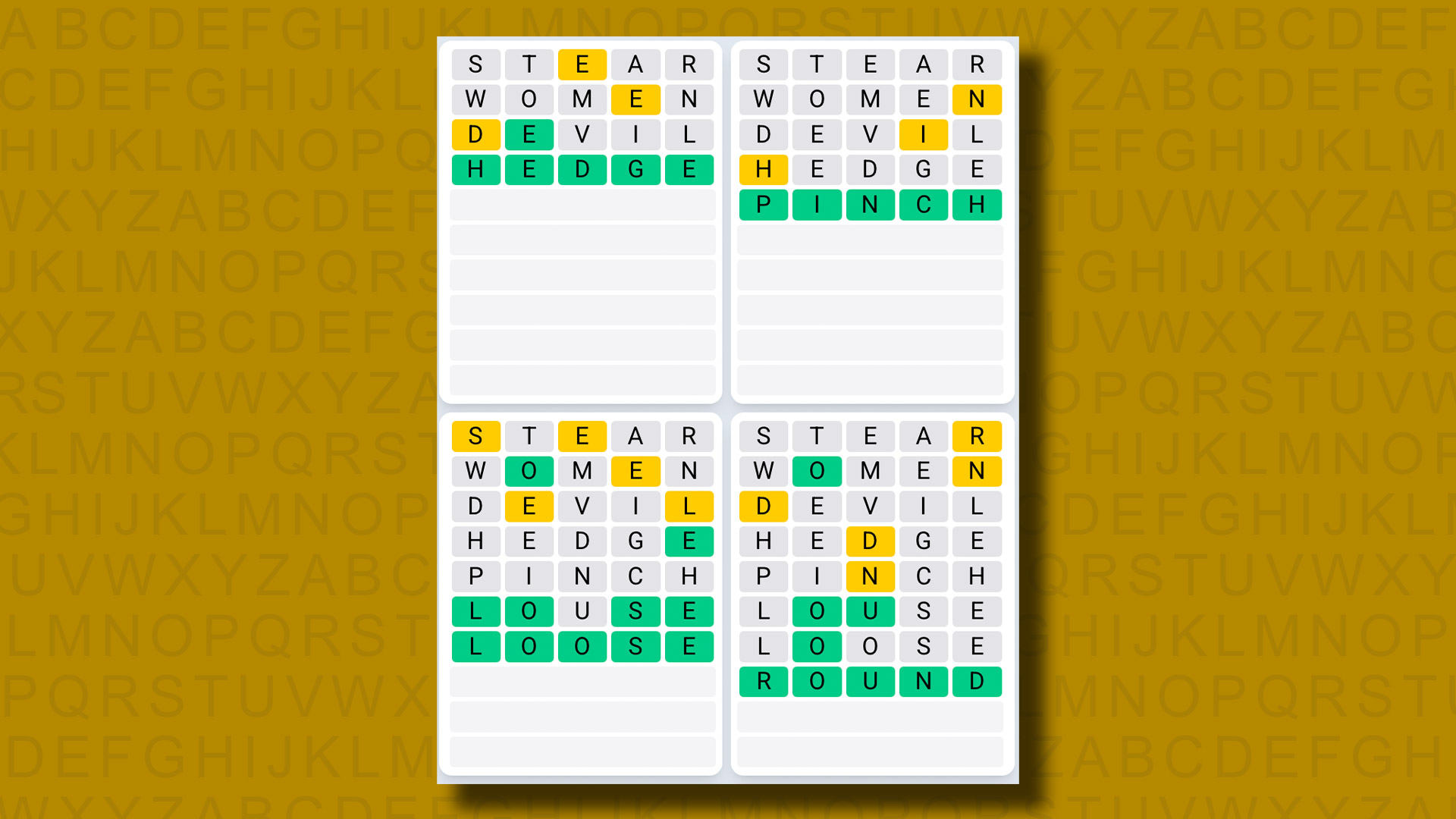 Quordle Daily Sequence answers for game 1255 on a yellow background
