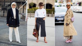 Three street style influencers over the age of 50 wearing basics found in every good capsule wardrobe