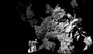 Rosetta's Philae lander on the surface of Comet 67P. Unfortunately, the landing didn't go as smoothly as hoped; the spacecraft tumbled across the comet's surface, resulting in far less science than anticipated.