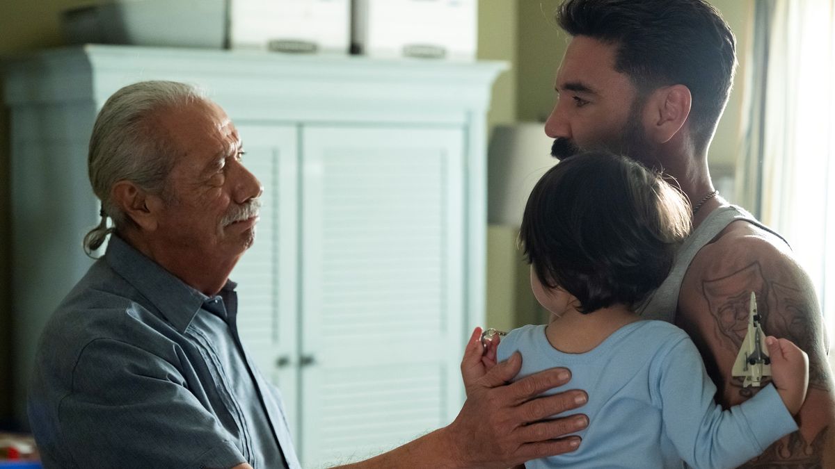 Edward James Olmos as Felipe Reyes, Clayton Cardenas as Angel Reyes in Mayans M.C. season 5